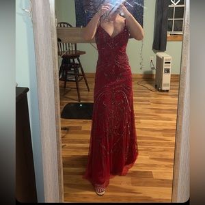Red and sequined v-neck prom dress by Jump Apparel bought from Nordstrom.